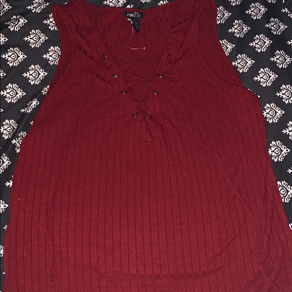 burgundy tank top with tie up front